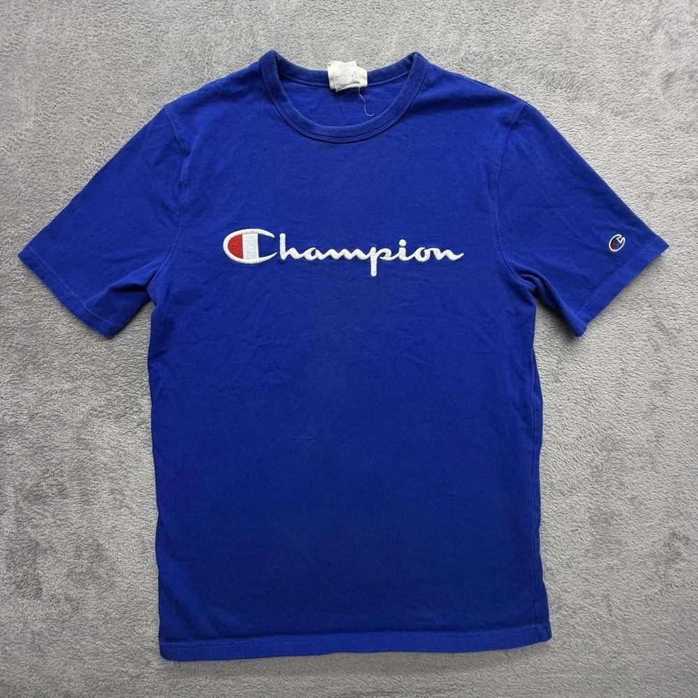 Champion Shirt Mens Medium Blue Script Logo‎ Graphic Tee T-Shirt Casual Crewneck